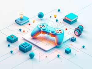 3D isometrische compositie met gamecontroller die transformeert naar educatieve symbolen in teal en oranje kleuren