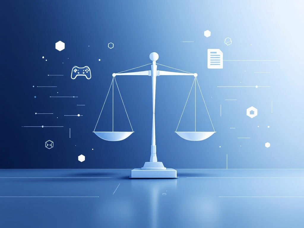 Geometrische weegschaal met game controllers en juridische documenten op blauwe gradiënt achtergrond voor edtech branding