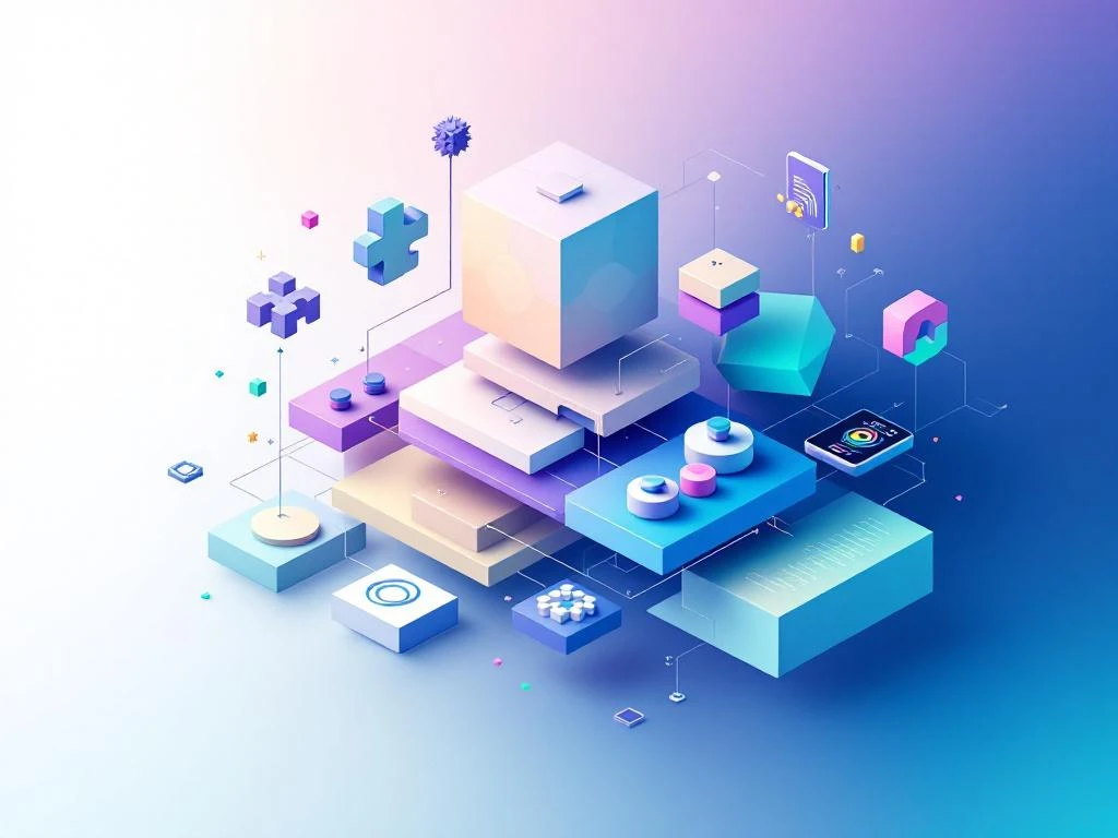 Geometrische puzzelstukken en educatieve iconen in minimalistische compositie met blauw-groene gradiënt