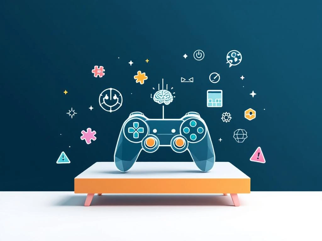 Minimalistische compositie met gamecontroller iconen en educatieve symbolen in symmetrische lagen op blauw-witte achtergrond
