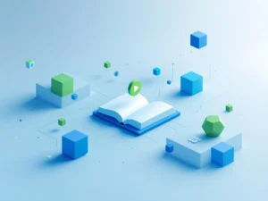 Minimalistische compositie met game controller elementen, educatieve symbolen en geometrische vormen in blauw-groene tinten