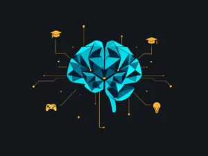 Geometrisch brein van circuits in blauw-teal met game controllers en onderwijssymbolen op witte achtergrond