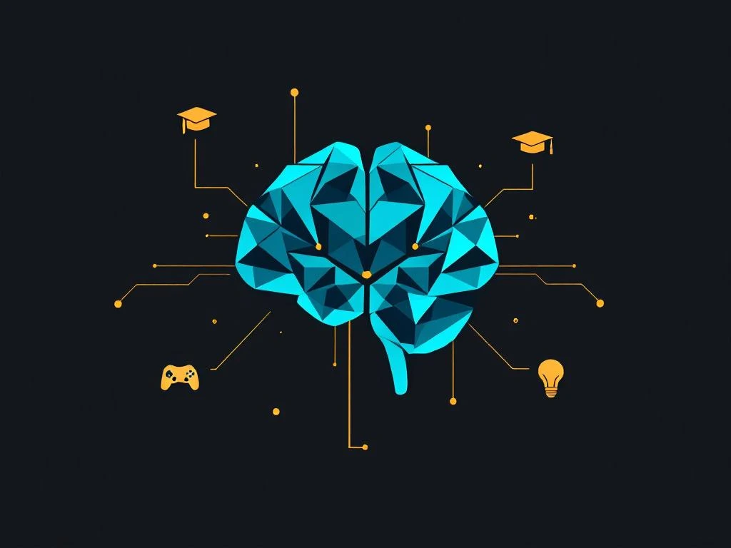 Geometrisch brein van circuits in blauw-teal met game controllers en onderwijssymbolen op witte achtergrond