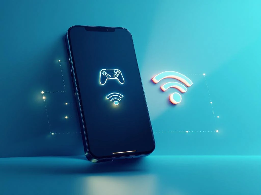 Smartphone met verlichte gamecontroller-icoon naast WiFi-symbool met verbindingslijnen op donkerblauwe achtergrond