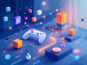 Geometrische codeblokken en gaming controllers in blauw-oranje gradiënt met circuit patronen en data visualisatie elementen