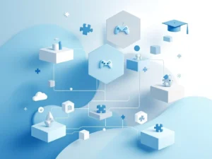 Geometrische blokken in zachte blauw-wit tinten tonen gepersonaliseerde leerroutes met game- en onderwijssymbolen