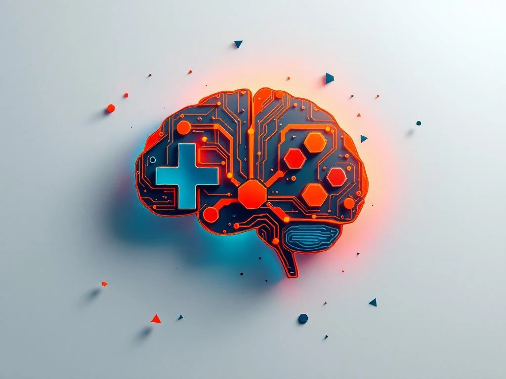 Geometrische hersenvorm gemaakt van gaming controller knoppen en circuits in oranje en turkoois op witte achtergrond