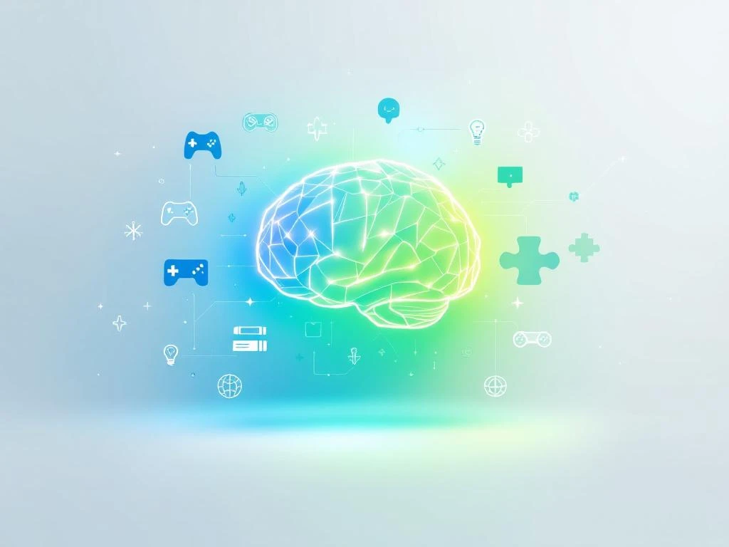 Gloeiend brein omringd door zwevende puzzelstukjes, gaming controllers en educatieve symbolen in blauwe en groene tinten