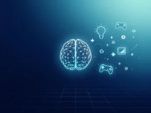 Gloeiend brein van geometrische knooppunten verbonden met game controller en onderwijspictogrammen op blauwe achtergrond