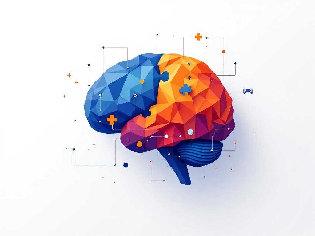 Geometrische hersenvorm van blauwe en oranje puzzelstukjes met gaming controllers, symboliseert adaptief leren