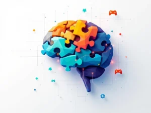 Geometrische hersenen van puzzelstukjes in teal en oranje met zwevende game-controllers, neuraal netwerk patroon