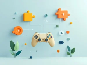 Geometrische puzzelstukken zweven en verbinden in de lucht, symboliseren intrinsieke motivatie en speels leren in blauw-groen