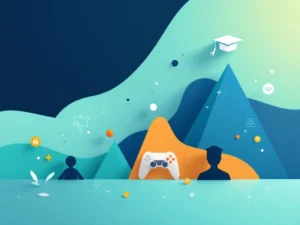 Geometrische leeftijdssymbolen in oplopende grootte met gamecontroller en afstudeerpet op blauw-groene achtergrond