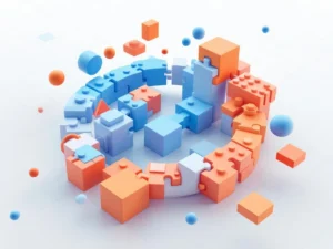 3D geometrische bouwblokken in blauw-oranje gradiënten vormen spiraalvormige leertrajecten op witte achtergrond