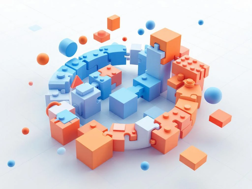 3D geometrische bouwblokken in blauw-oranje gradiënten vormen spiraalvormige leertrajecten op witte achtergrond