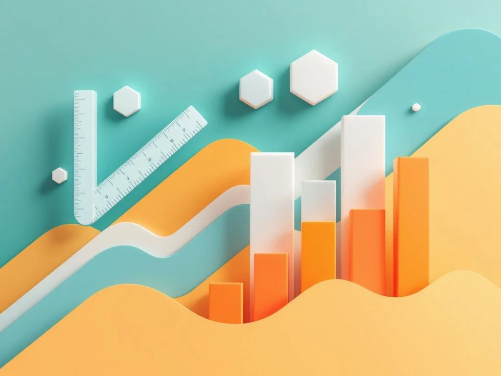Abstracte geometrische vormen met meetlinten en hexagonale spelelementen in teal en oranje voor onderwijstechnologie
