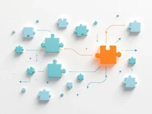 Geometrische puzzelstukjes in blauw en groen zweven boven wit oppervlak, oranje stuk vormt oplossing met leidende pijlen