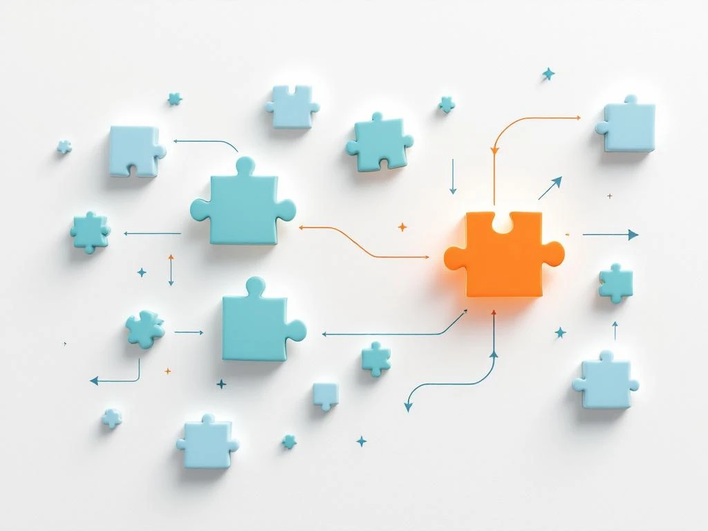 Geometrische puzzelstukjes in blauw en groen zweven boven wit oppervlak, oranje stuk vormt oplossing met leidende pijlen