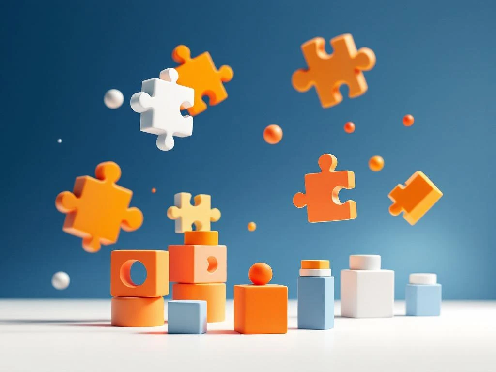 Zwevende geometrische puzzelstukjes die verbinden en transformeren naar spelblokken in blauw, oranje en wit
