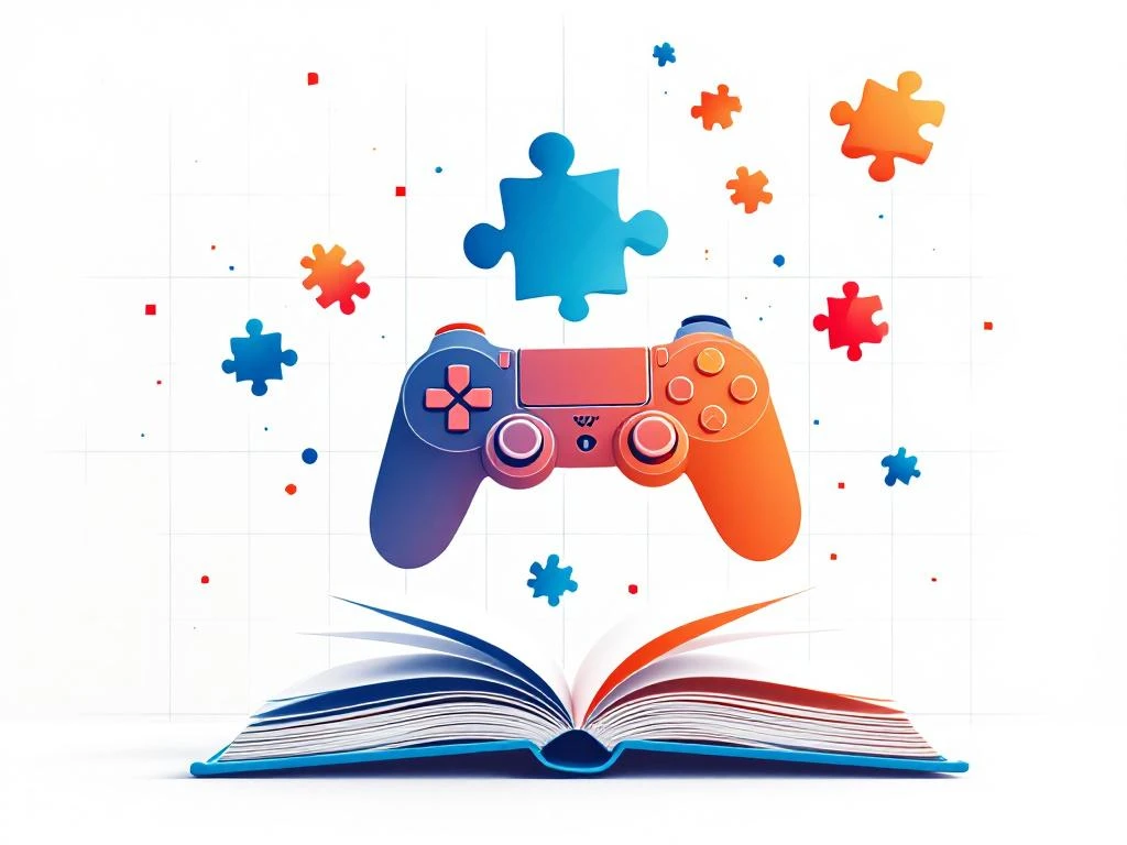 Zwevende geometrische puzzelstukken in blauw en oranje die verbinden, met gamecontroller en boek vormen op witte achtergrond