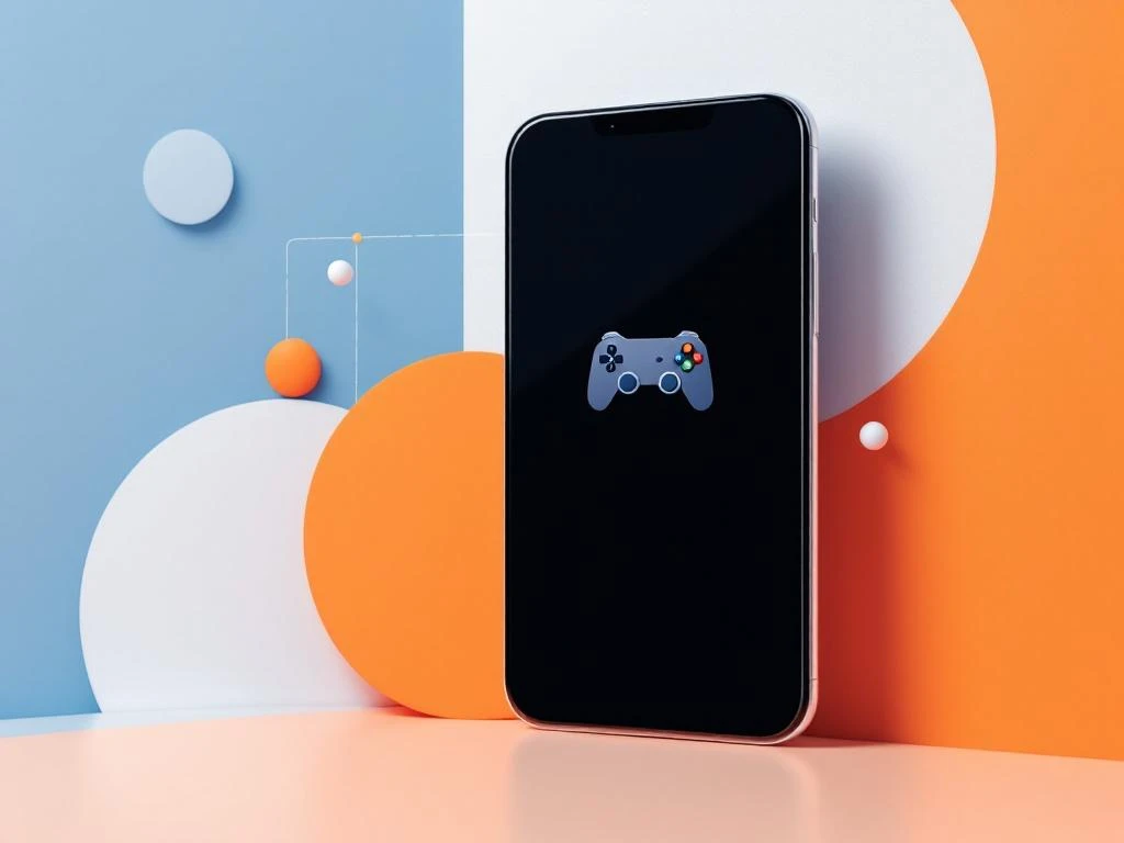 Smartphone met game controller icoon op scherm, omringd door geometrische vormen en netwerklijnen op blauwe achtergrond