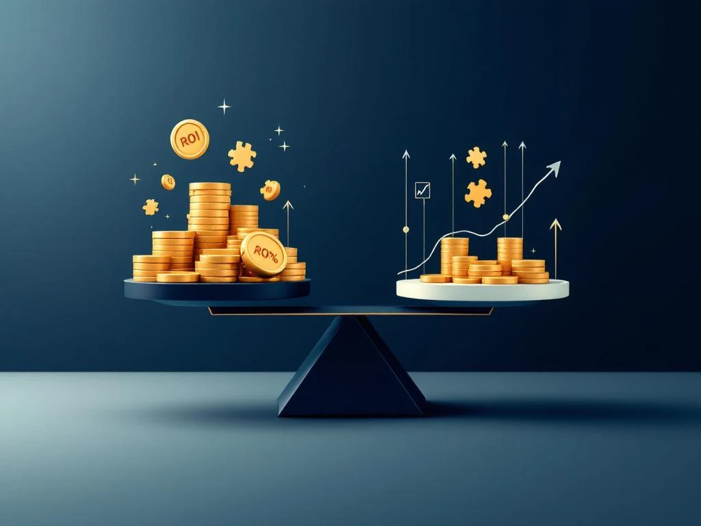 Gouden weegschaal met munten en gamecontrollers toont ROI-balans, met stijgende pijlen en percentage symbolen