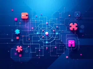 Geometrisch doolhof met verbonden knooppunten in blauw, omringd door gaming-iconen en puzzelstukjes op gradiënt achtergrond