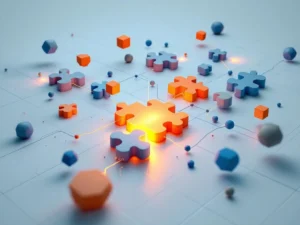 Geometrische puzzelstukken in blauw en oranje kleuren zweven boven digitaal raster, verbonden door lijnen en paden