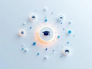 Netwerk van verbonden geometrische knooppunten die partnerships in game-based learning voorstellen op witte achtergrond