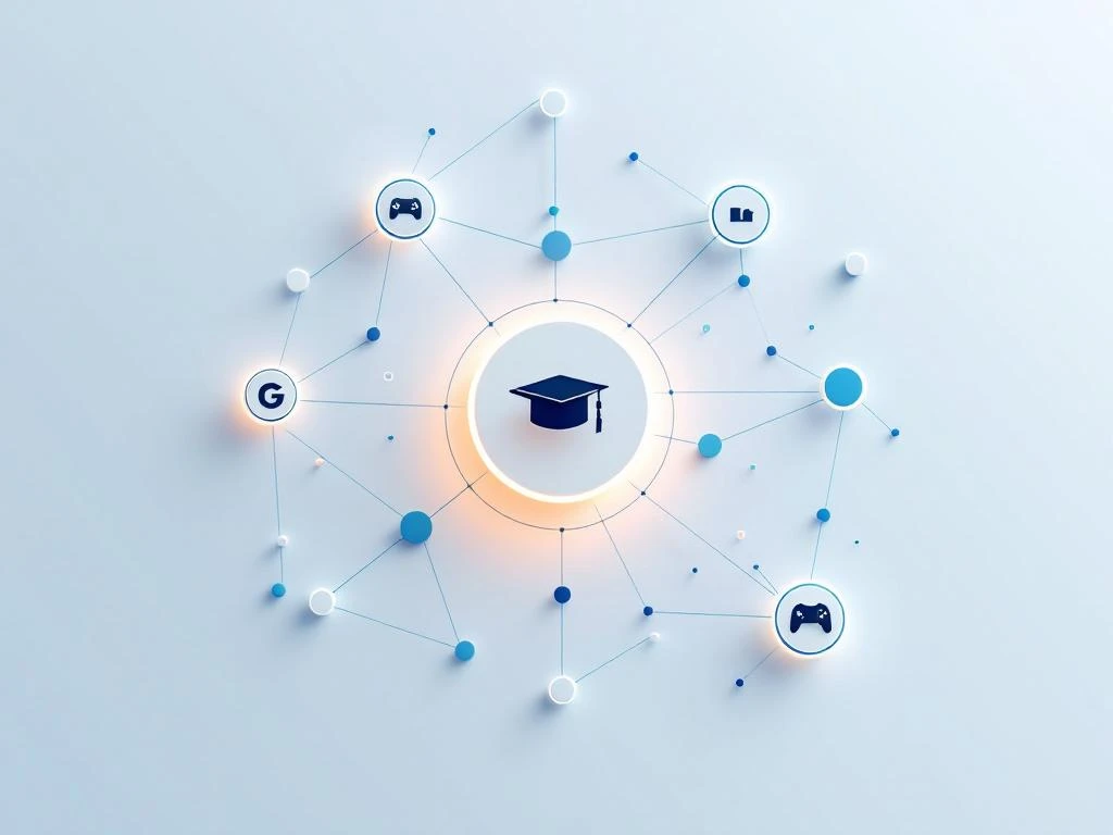 Netwerk van verbonden geometrische knooppunten die partnerships in game-based learning voorstellen op witte achtergrond