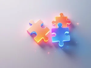 Zwevende geometrische puzzelstukken met blauwe en oranje kleuren die game development concepten illustreren