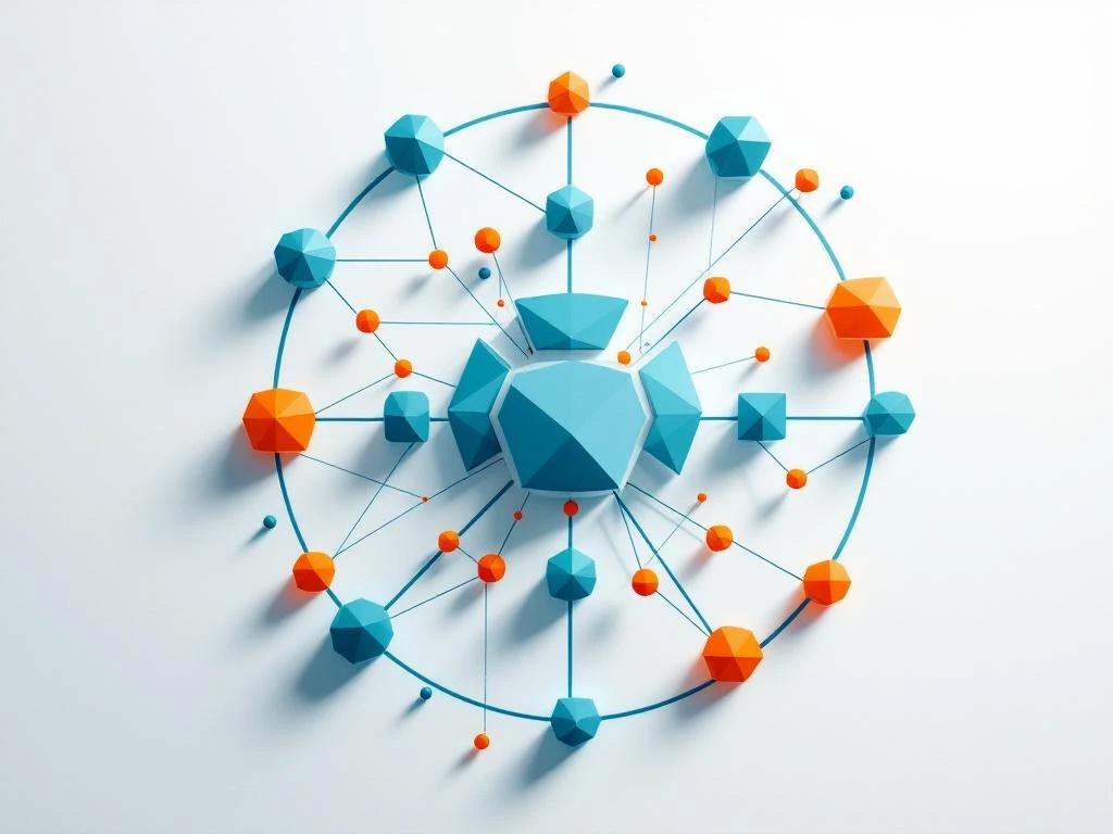 Geometrische spelelementen in cirkelvorm verbonden door teal en oranje lijnen op witte achtergrond, teamwork concept