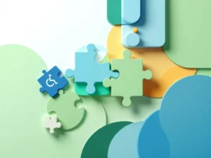 Geometrische toegankelijkheidssymbolen en puzzelstukjes in zachte blauwtinten op witte achtergrond voor inclusief onderwijs