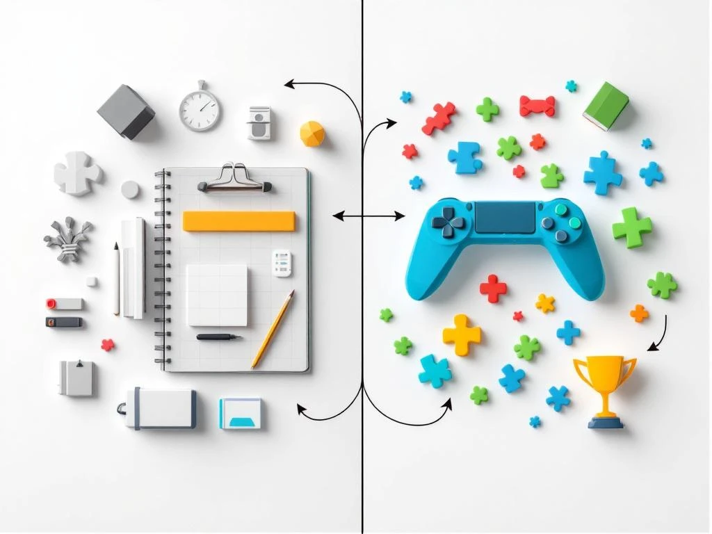 Split-screen vergelijking van traditioneel onderwijs met boeken en bureau links versus game-based leren met controllers rechts
