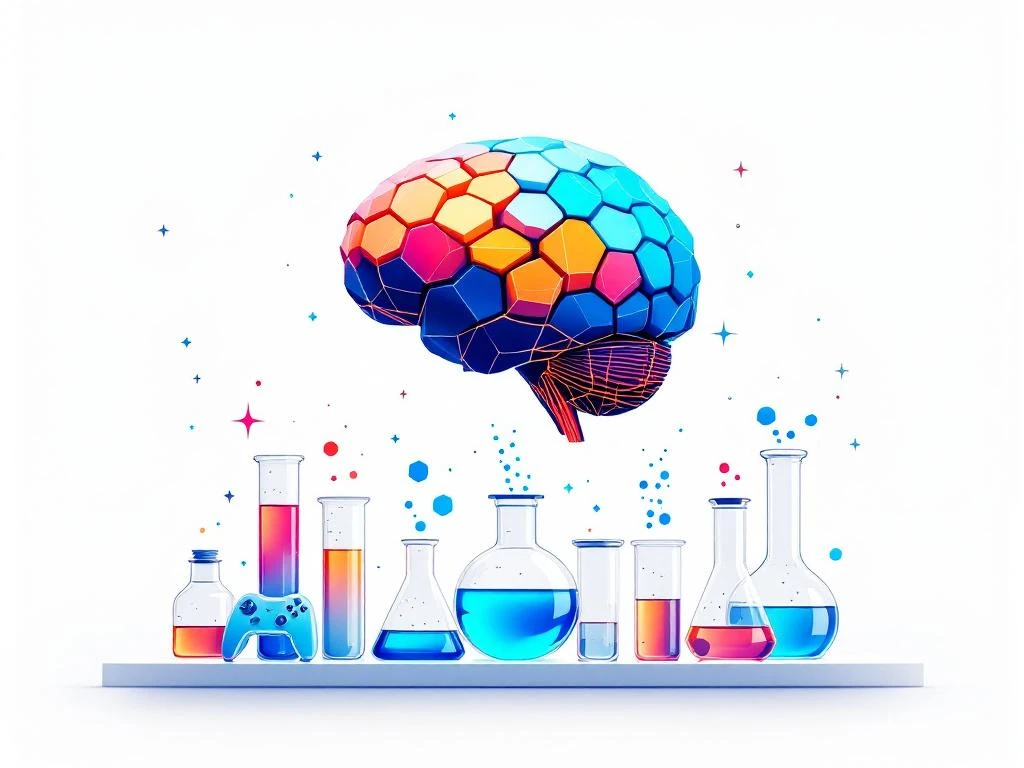 Geometrische hersenen van blauwe en oranje zeshoekige puzzelstukjes boven laboratoriumbekers met gloeiende deeltjes