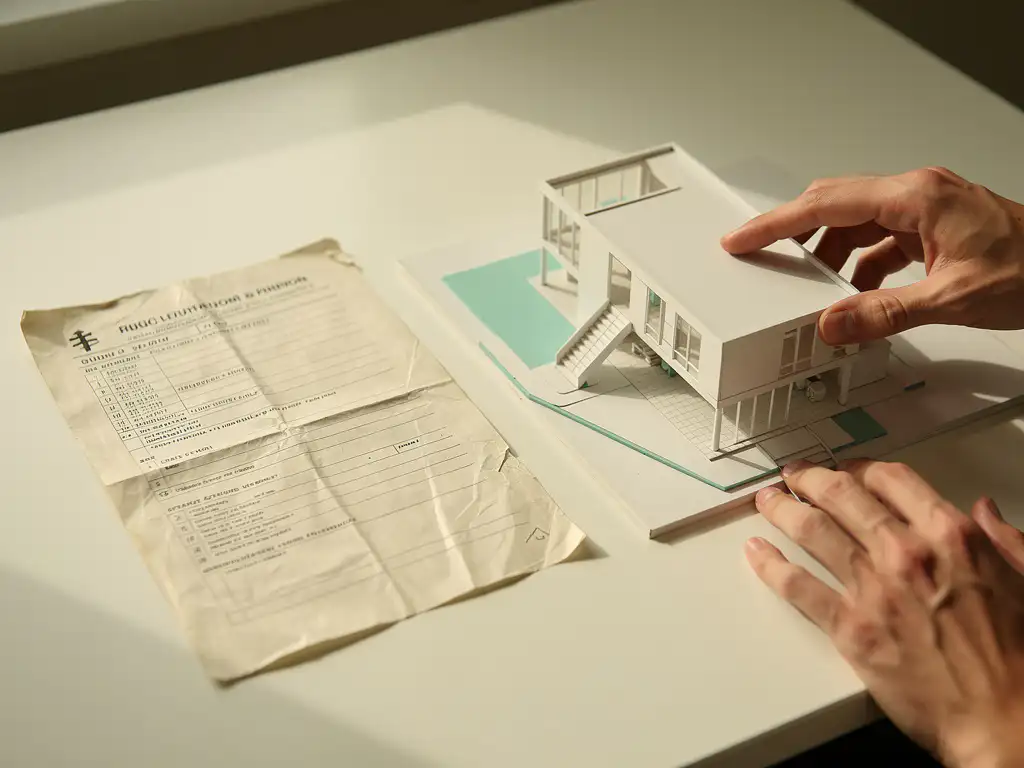 Studentenhanden die een architectuurmaquette afwerken naast een examenblad op een wit bureau, zacht natuurlijk zijlicht.