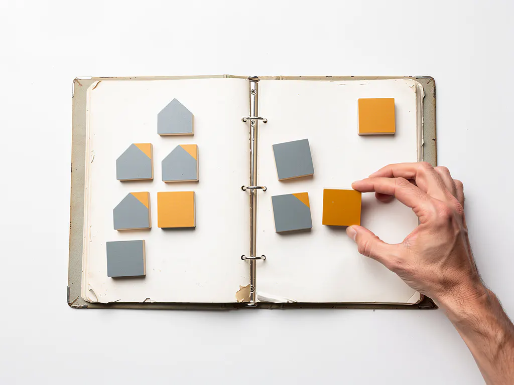 Verweerde curriculum-ordner open op wit bureau, omringd door modulaire speltegels die door een hand worden herpositioneerd.