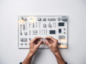 Professional die een praktische vaardigheid oefent in een digitale trainingsomgeving met miniatuurgereedschap op wit oppervlak.