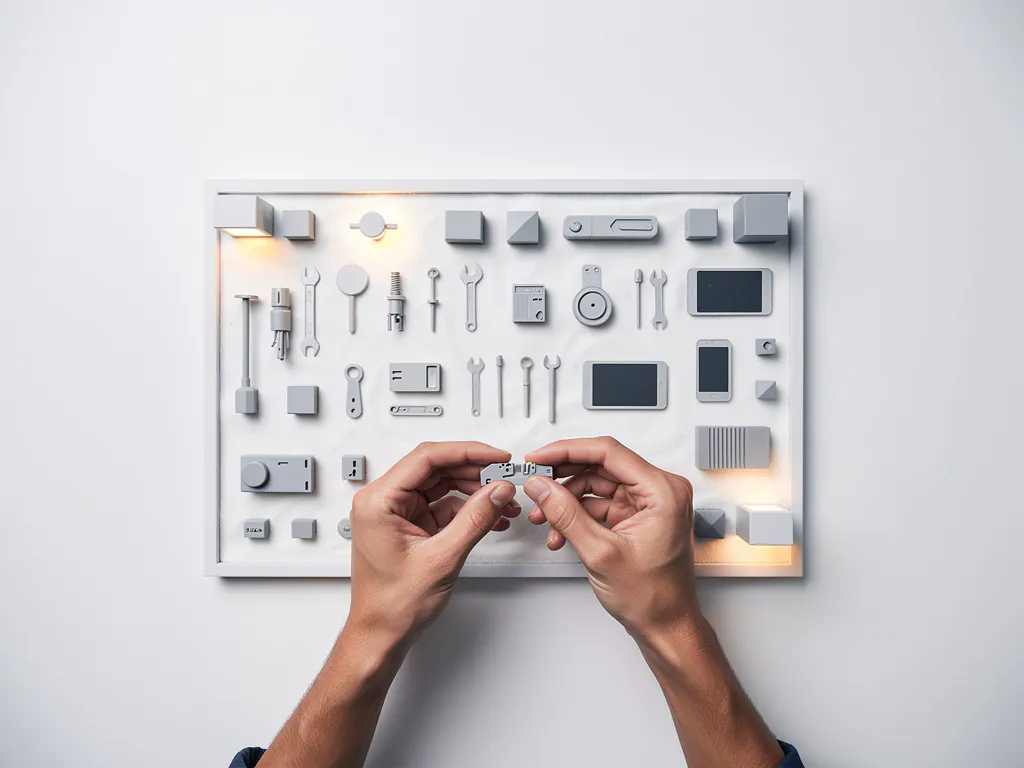 Professional die een praktische vaardigheid oefent in een digitale trainingsomgeving met miniatuurgereedschap op wit oppervlak.