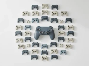 Gamecontroller op wit bureau omringd door identieke controllers in geometrisch patroon, bovenaanzicht in leisteen en ivoor tinten.