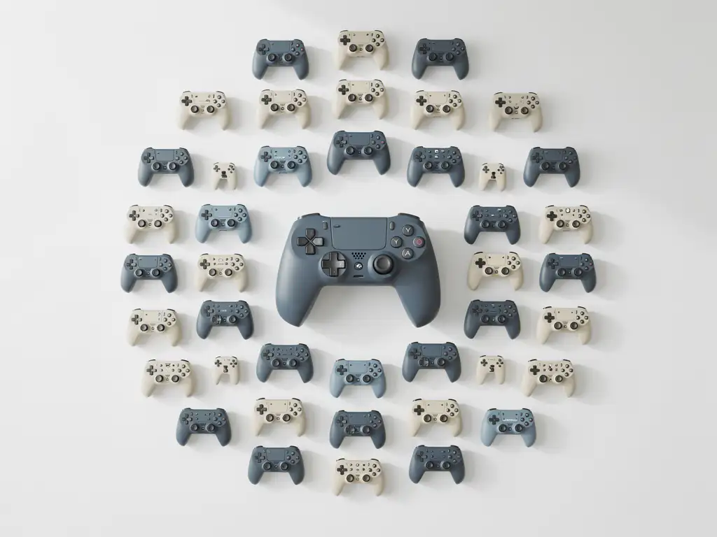 Gamecontroller op wit bureau omringd door identieke controllers in geometrisch patroon, bovenaanzicht in leisteen en ivoor tinten.