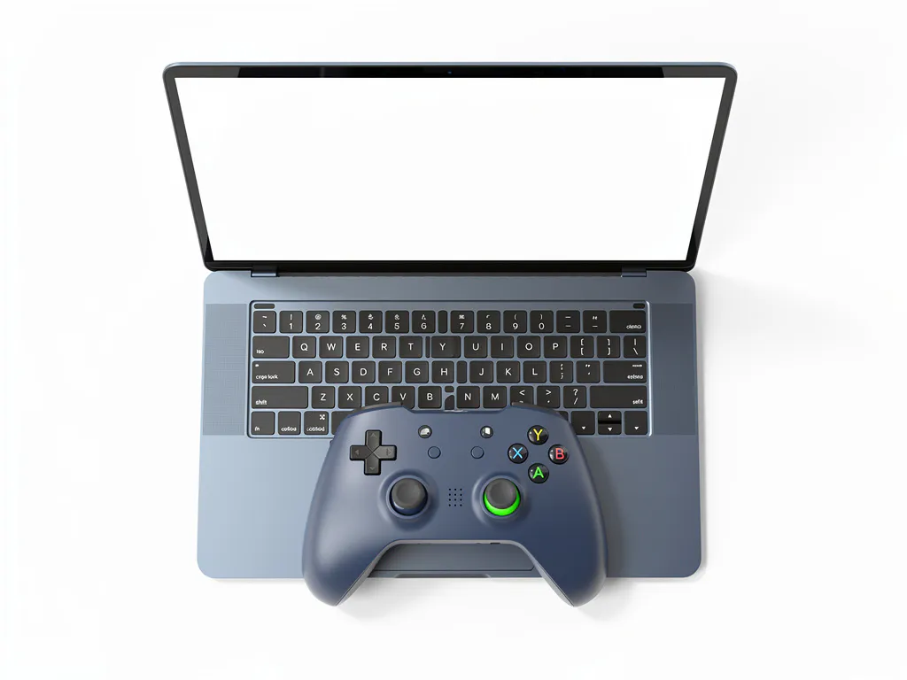 Game controller en open laptop op wit bureau, bovenaanzicht met zachte schaduwen in kobaltblauw en leisteen tinten.