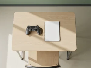 Houten schoolbank met een gamecontroller naast een opengeslagen notitieboek, zacht natuurlijk licht en geometrische schaduwen.