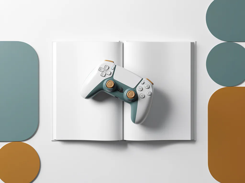 Spelcontroller op een opengeslagen studieboek op wit bureau, omgeven door geometrische vormen in teal en amber.