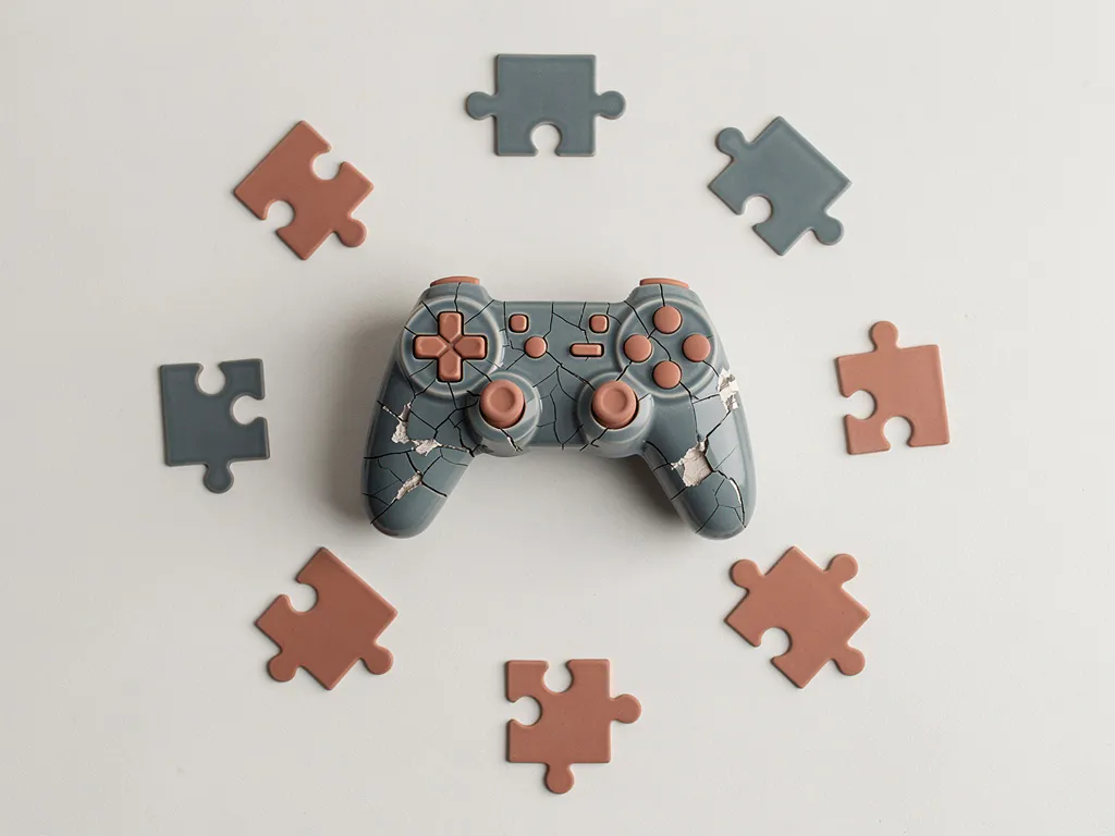 Gebarsten keramische gamecontroller omringd door niet-passende puzzelstukken op wit bureau, in leisteenblauw en terracotta tinten.