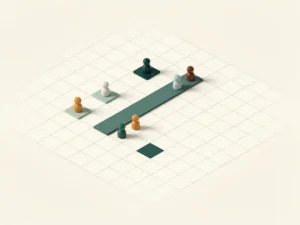 Minimalistische geometrische spelplank in bovenaanzicht met abstracte speelstukken op gestructureerd pad, tinten teal en amber op gebroken wit.