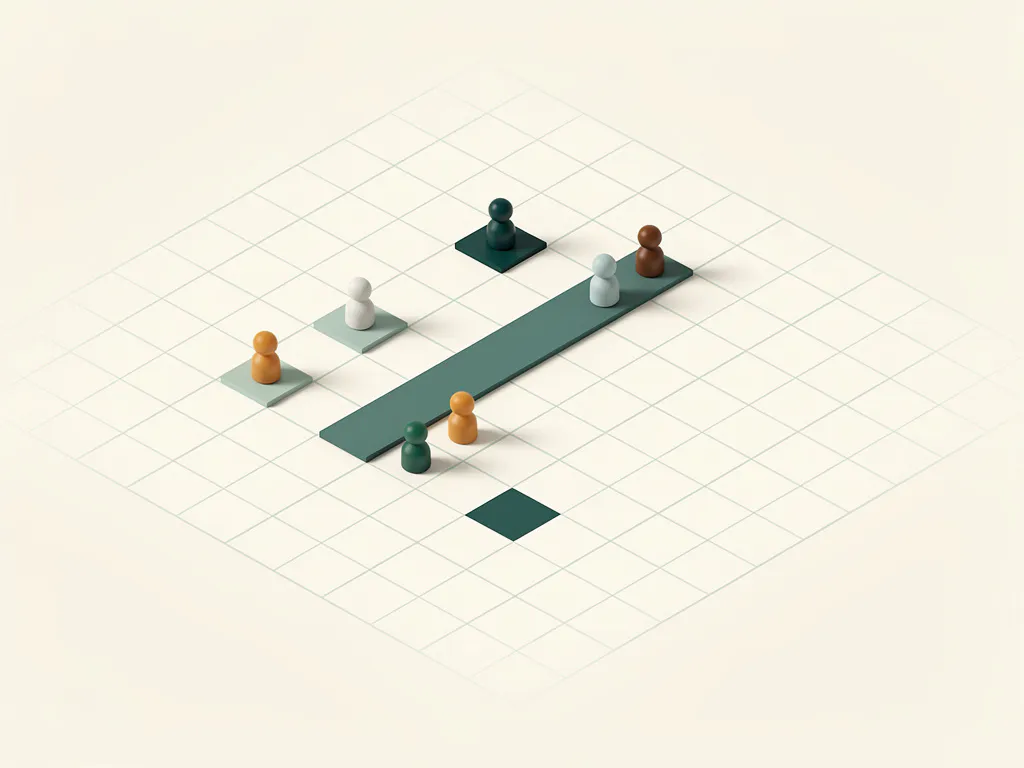Minimalistische geometrische spelplank in bovenaanzicht met abstracte speelstukken op gestructureerd pad, tinten teal en amber op gebroken wit.