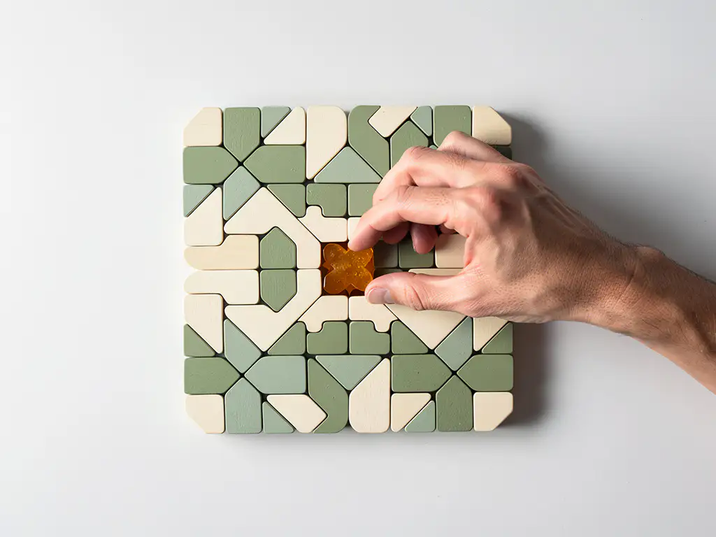 Hand die een houten puzzelstukje plaatst op een geometrisch bord, bovenaanzicht met zachte schaduwen en rustieke tinten.