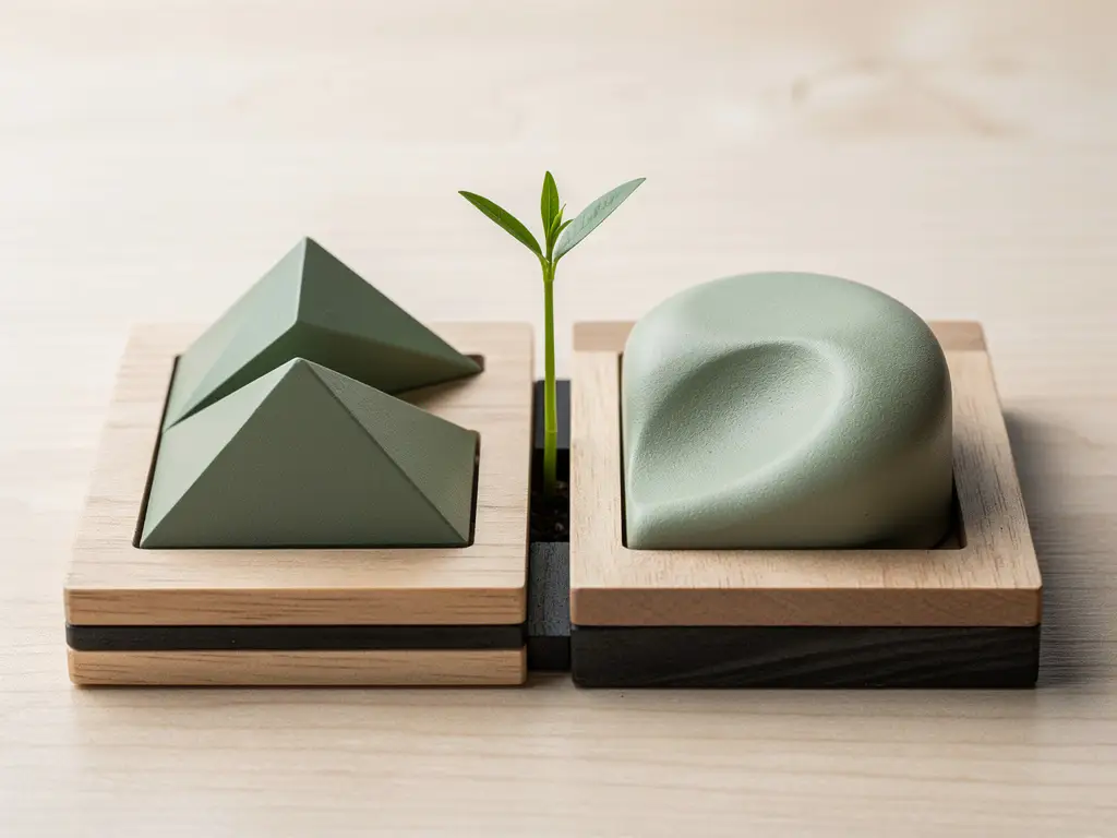 Twee geometrische houten puzzelstukken op berkenhout oppervlak, één hoekig en één organisch gebogen, met een klein groen spriетje ertussen.