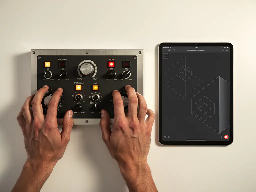 Handen van een trainee op een industrieel bedieningspaneel naast een digitale simulatie-interface op een tablet, bovenaanzicht.